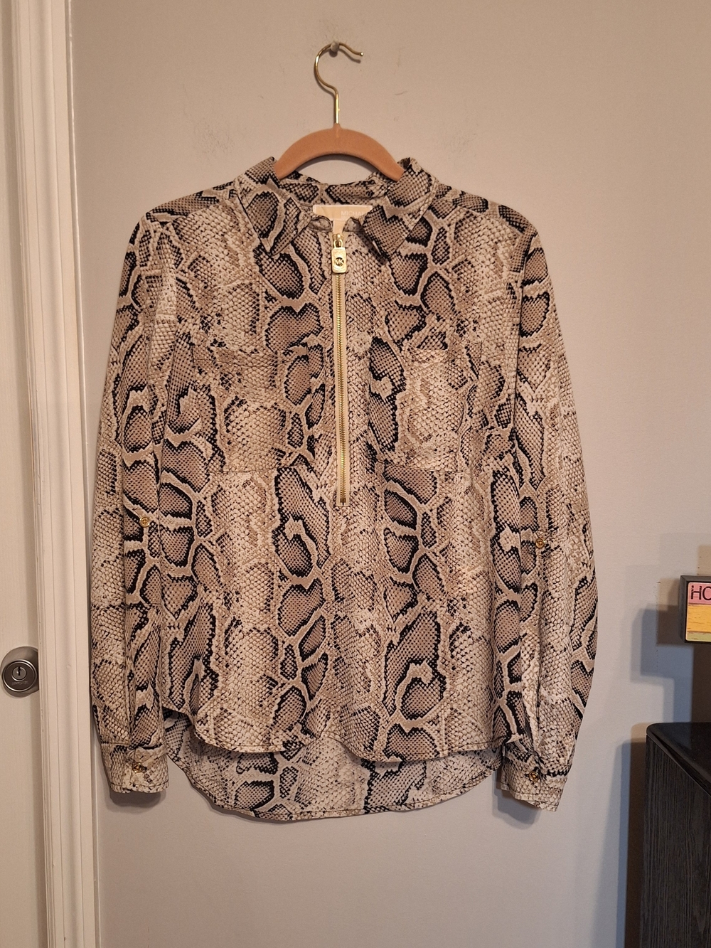 Michael Kors Snake Print Zip-Front Women's Blouse With Roll Up 3/4 Sleeves
